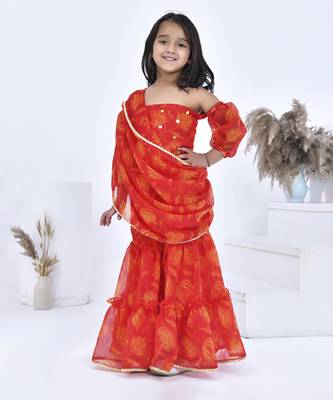 Orange printed chiffon girls clothing set 1