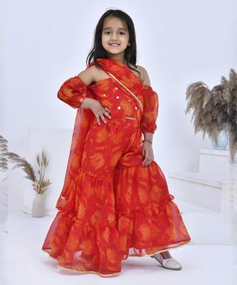 Orange printed chiffon girls clothing set 2
