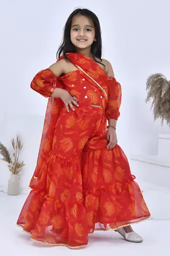 Orange printed chiffon girls clothing set