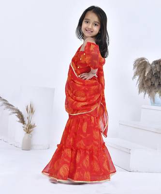 Orange printed chiffon girls clothing set 3