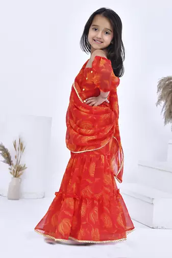Orange printed chiffon girls clothing set