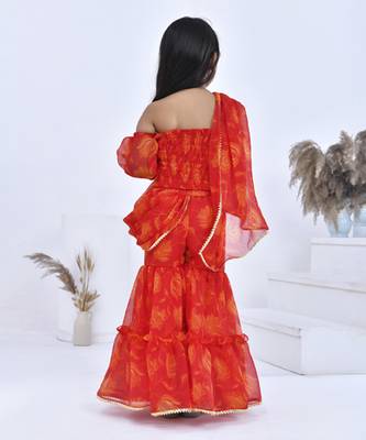 Orange printed chiffon girls clothing set 4