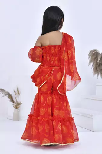 Orange printed chiffon girls clothing set