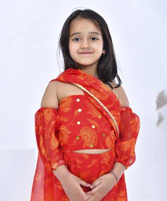 Orange printed chiffon girls clothing set 5