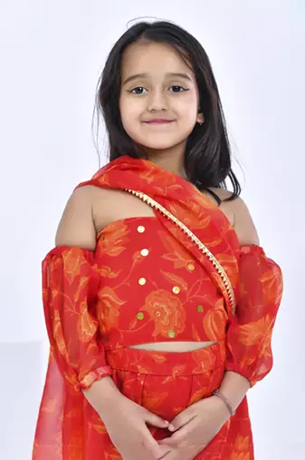 Orange printed chiffon girls clothing set