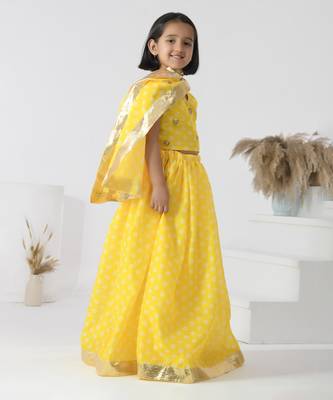 Yellow printed chanderi girls lehengas set 2