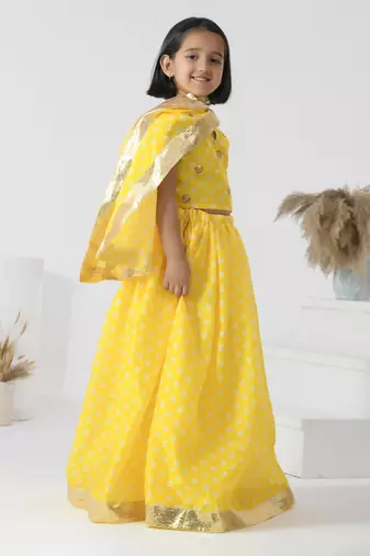 Yellow printed chanderi girls lehengas set