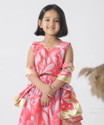 Pink printed chanderi girls lehengas set 2