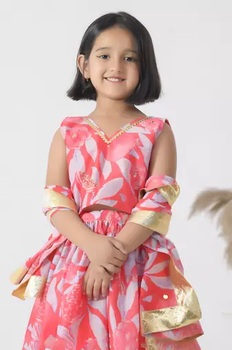 Pink printed chanderi girls lehengas set