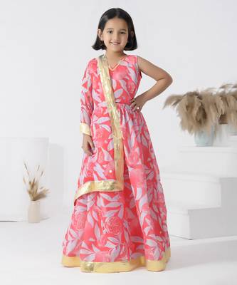 Pink printed chanderi girls lehengas set 1