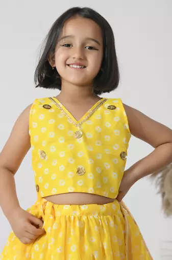 Yellow printed chanderi girls lehengas set