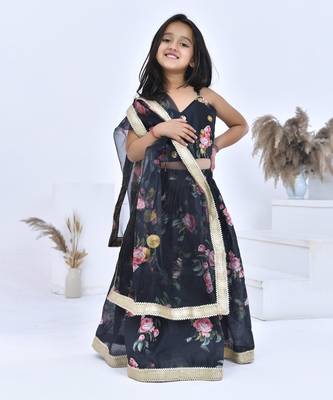 Black printed chanderi girls lehengas set 1