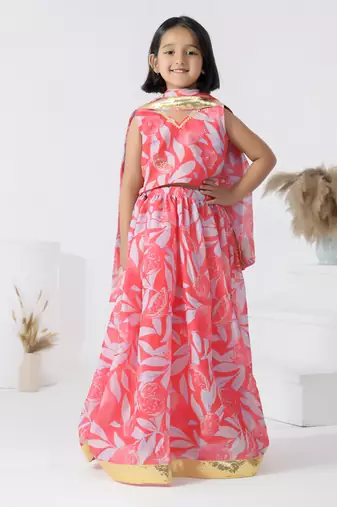 Pink printed chanderi girls lehengas set