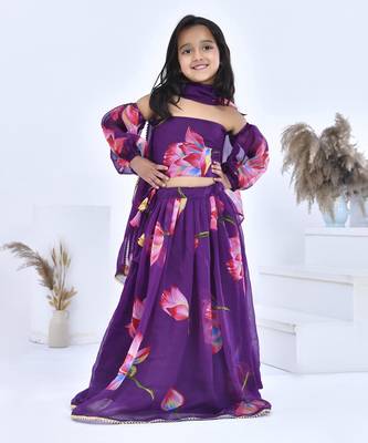 Purple printed chiffon girls lehengas set 1