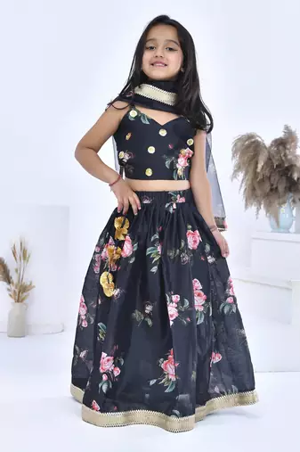 Black printed chanderi girls lehengas set