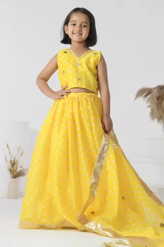 Yellow printed chanderi girls lehengas set