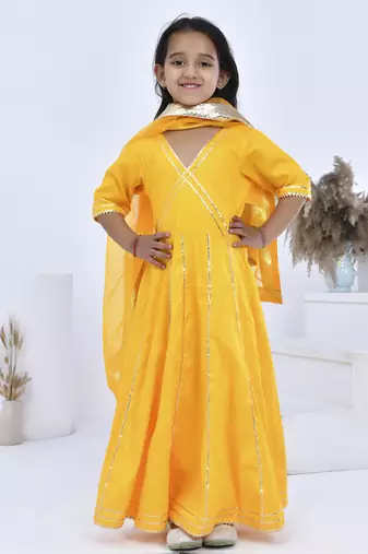 Yellow embroidered cotton silk girls kurti set