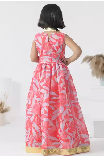Pink printed chanderi girls lehengas set