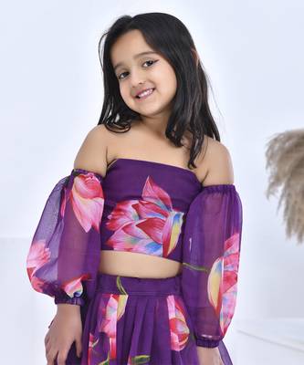Purple printed chiffon girls lehengas set 2