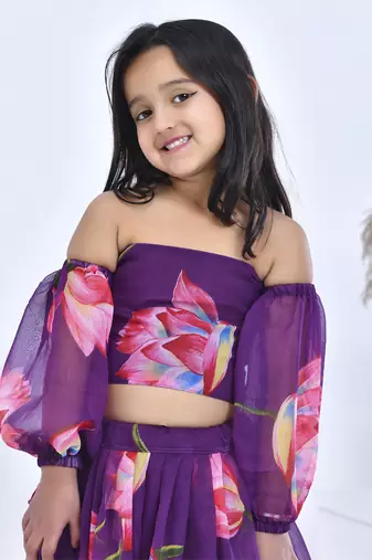 Purple printed chiffon girls lehengas set