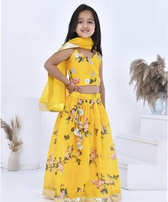 Yellow printed chanderi girls lehengas set 1