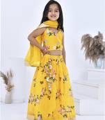 Yellow printed chanderi girls lehengas set
