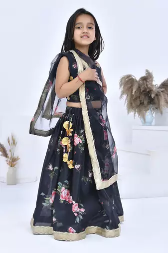 Black printed chanderi girls lehengas set