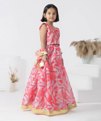 Pink printed chanderi girls lehengas set 5