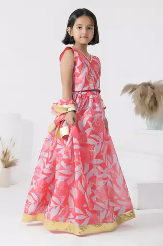 Pink printed chanderi girls lehengas set