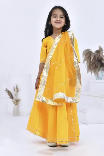 Yellow embroidered cotton silk girls kurti set