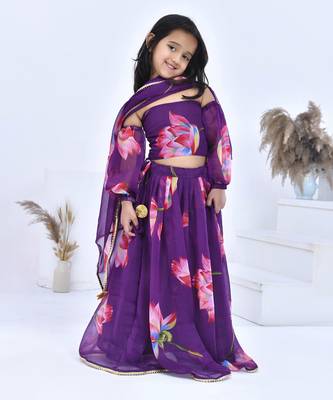 Purple printed chiffon girls lehengas set 3