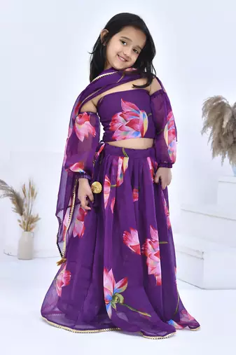 Purple printed chiffon girls lehengas set