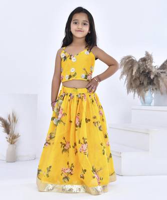 Yellow printed chanderi girls lehengas set 2