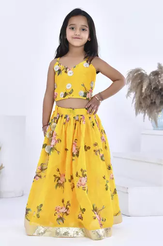 Yellow printed chanderi girls lehengas set