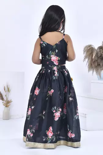 Black printed chanderi girls lehengas set