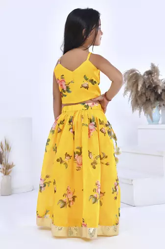 Yellow printed chanderi girls lehengas set