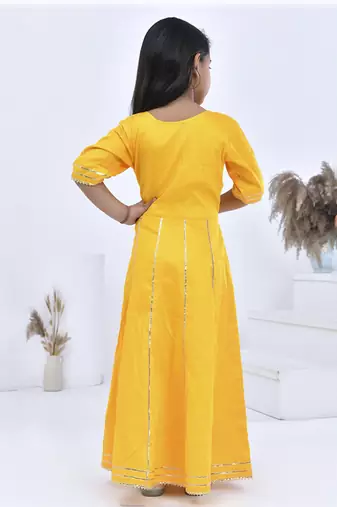 Yellow embroidered cotton silk girls kurti set