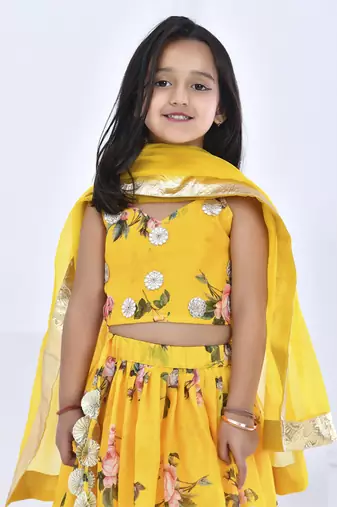 Yellow printed chanderi girls lehengas set