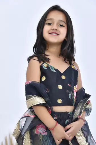 Black printed chanderi girls lehengas set