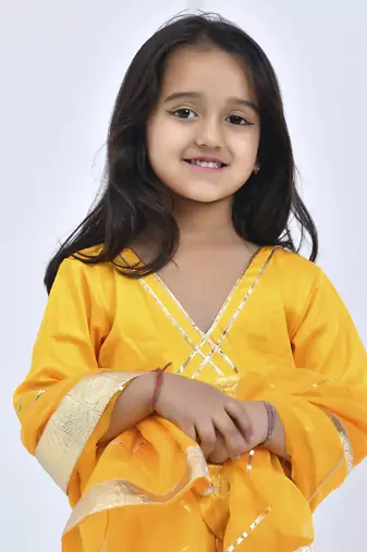 Yellow embroidered cotton silk girls kurti set