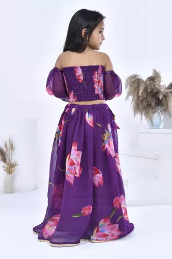 Purple printed chiffon girls lehengas set
