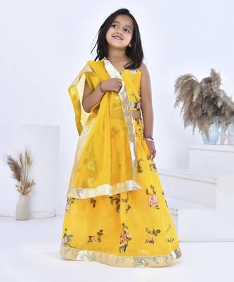 Yellow printed chanderi girls lehengas set 5