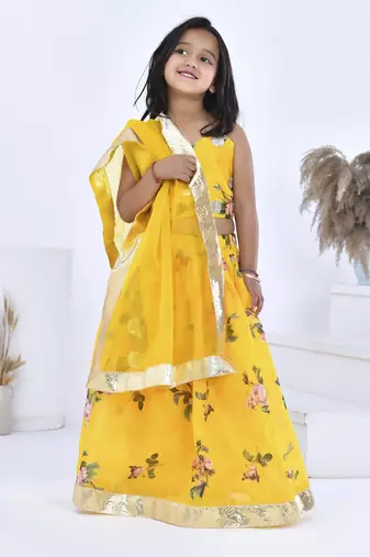 Yellow printed chanderi girls lehengas set