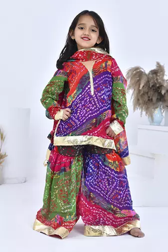 Multicolor printed chiffon girls sharara set