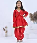 Red embroidered chanderi girls kurti set