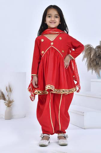 Red embroidered chanderi girls kurti set