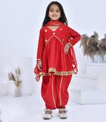 Red embroidered chanderi girls kurti set