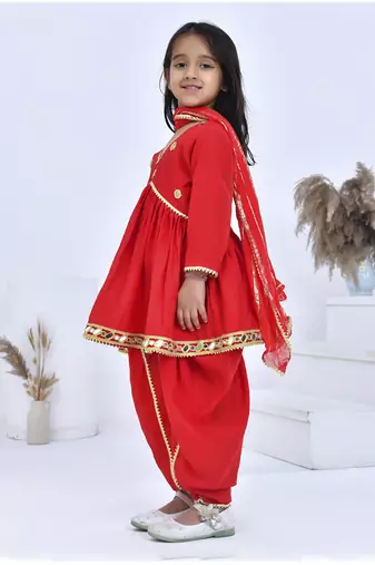 Red embroidered chanderi girls kurti set
