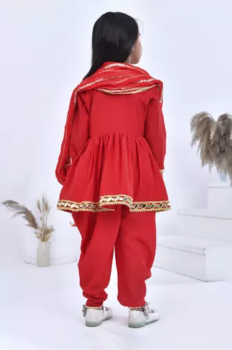 Red embroidered chanderi girls kurti set