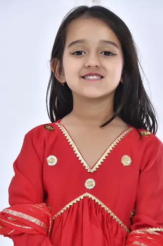 Red embroidered chanderi girls kurti set